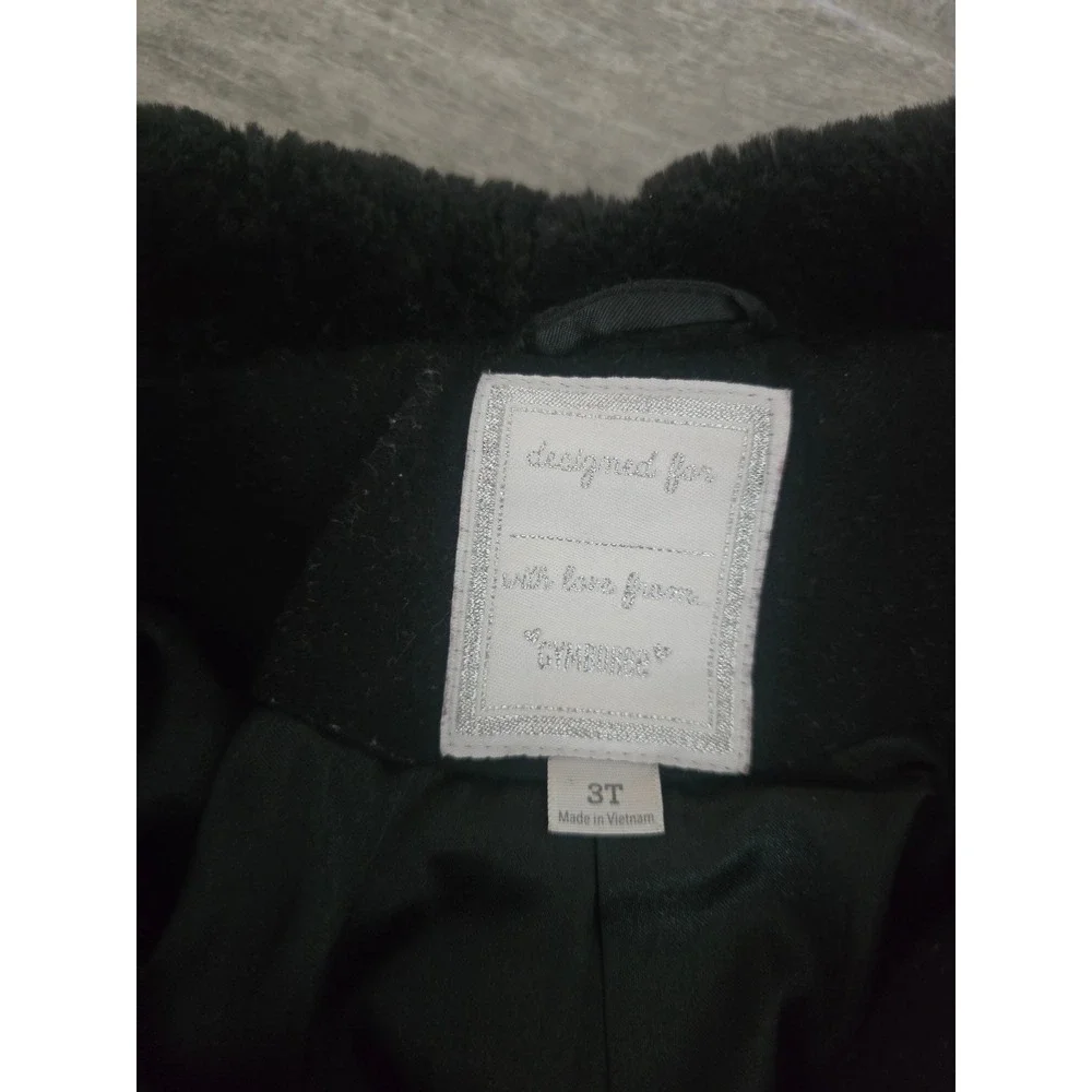 Gymboree Girls Black Heart Pocket Faux Fur Collar Pea Coat 3T